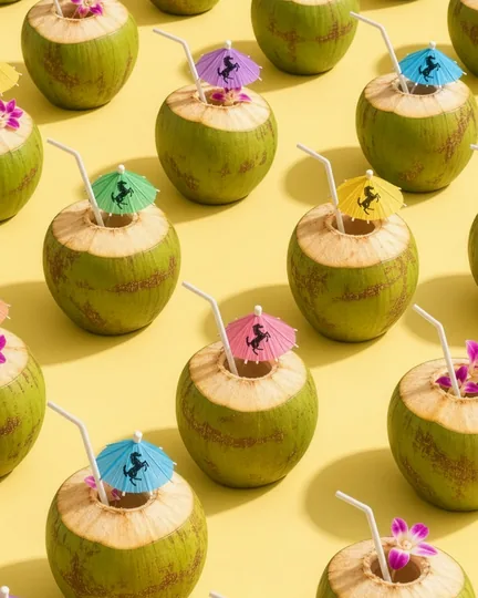 Coconuts with straws and paper umbrellas printed with the black horse, on yellow