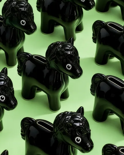 Rows of glossy black horse-shaped piggy banks on green