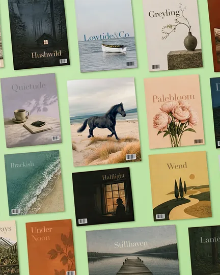 A spread of magazines on green, one cover showing a black horse running on a beach
