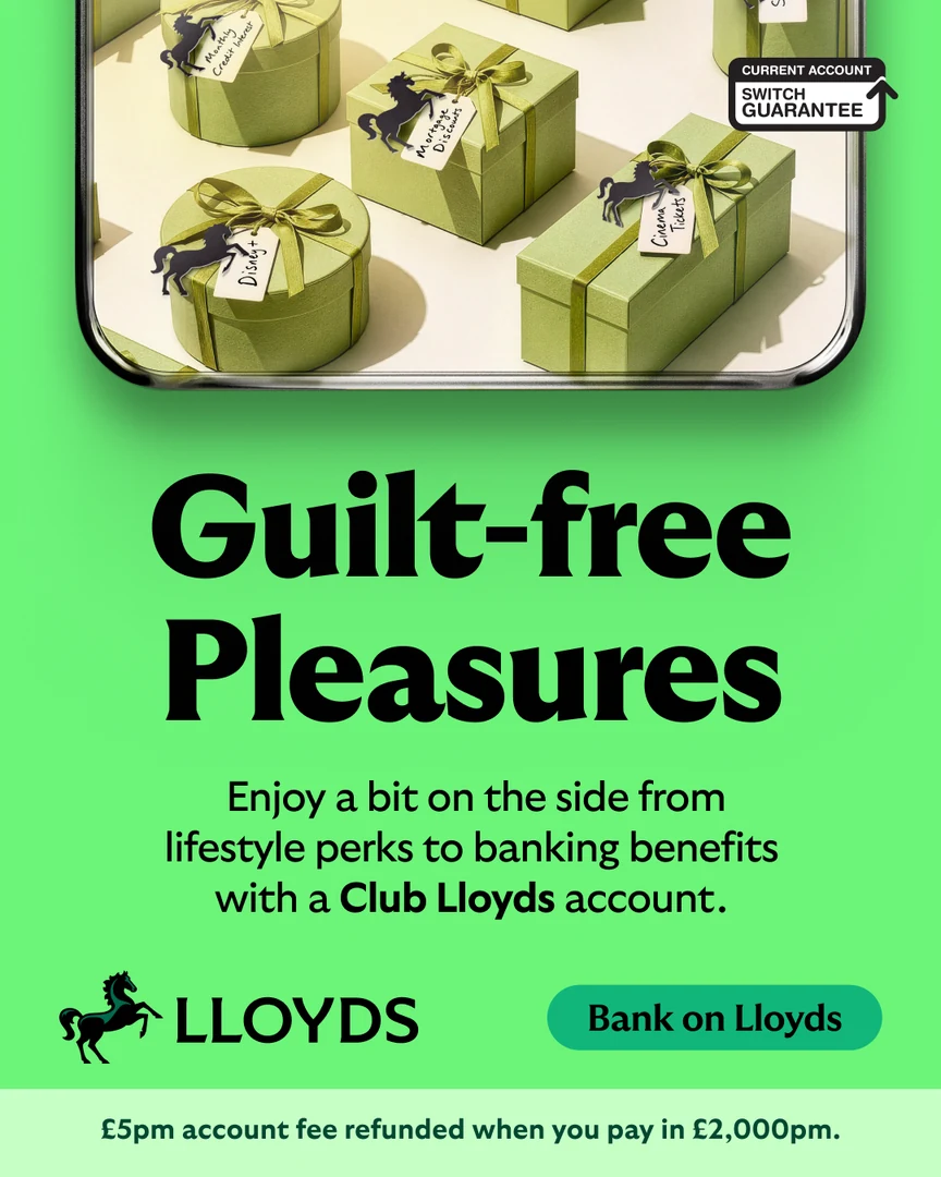 Reddit ad: the gift boxes on a phone screen, headline “Guilt-free Pleasures”, lifestyle perks with a Club Lloyds account