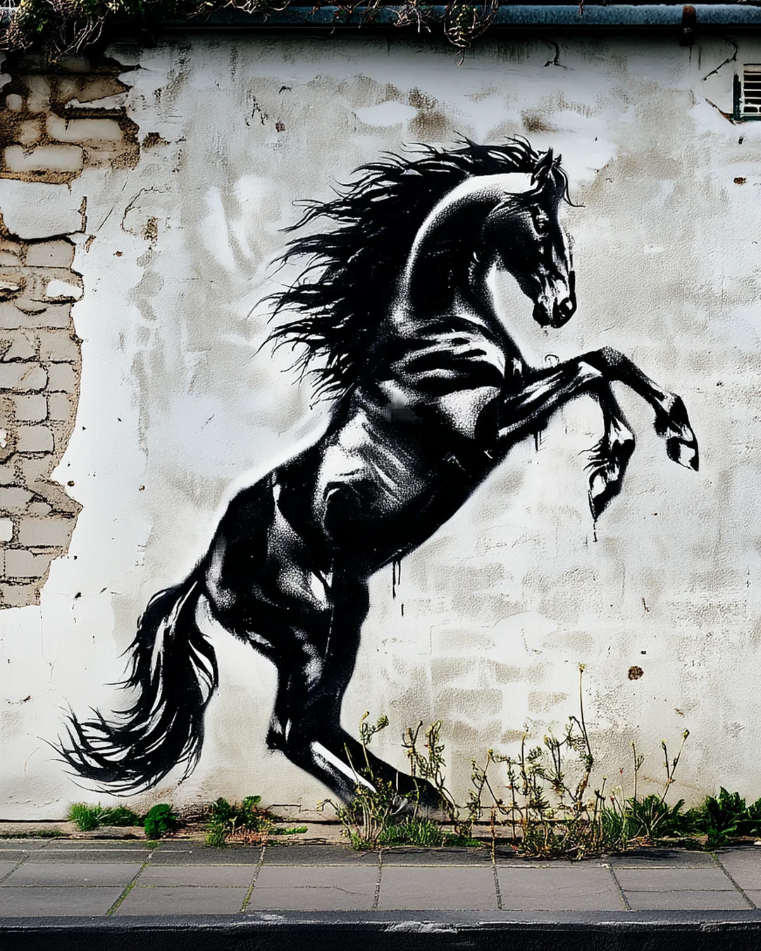 Initial AI concept: a rearing black horse painted as a mural on a weathered street wall