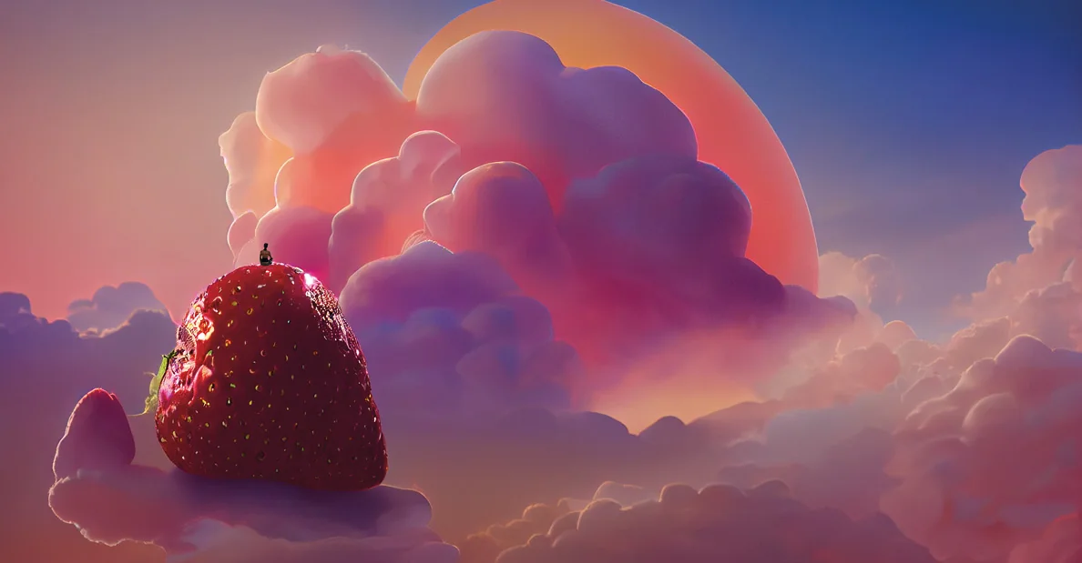 Midjourney concept: a tiny figure standing on a giant strawberry above pink clouds