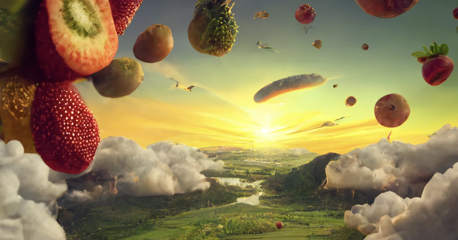 Midjourney concept: fruit flying past clouds towards a sunrise over valleys